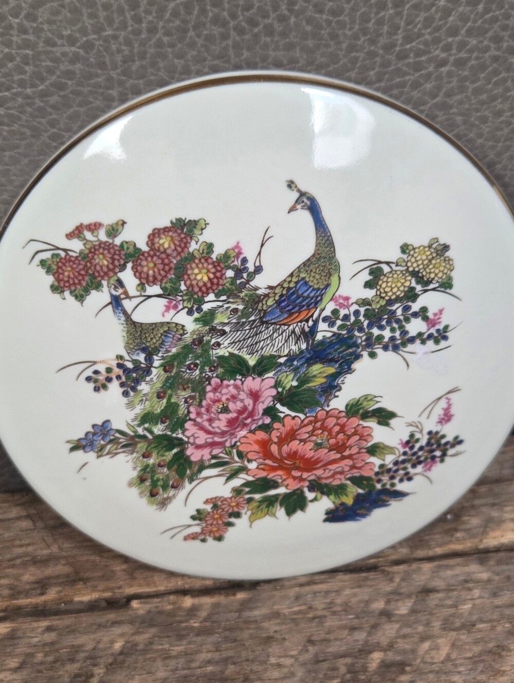 Vintage Japanese Satsuma Style Porcelain Trinket Box Peacock & Peonies w/ Lid 1M
